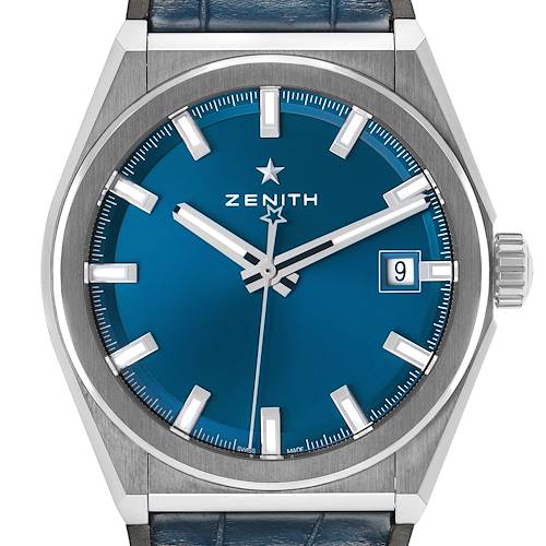 The Zenith Defy 95.9000.670/51 Men's Titanium Blue Dial watch is shown from a front angle, displaying the dial, bezel, hands, crown, and date window.